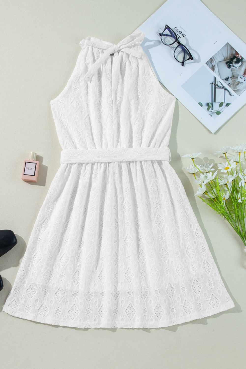 White Lace Sleeveless Knot Hollow Out Back Tied Waist Mini Dress Mini Dresses JT's Designer Fashion