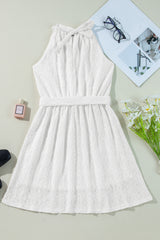 White Lace Sleeveless Knot Hollow Out Back Tied Waist Mini Dress Mini Dresses JT's Designer Fashion