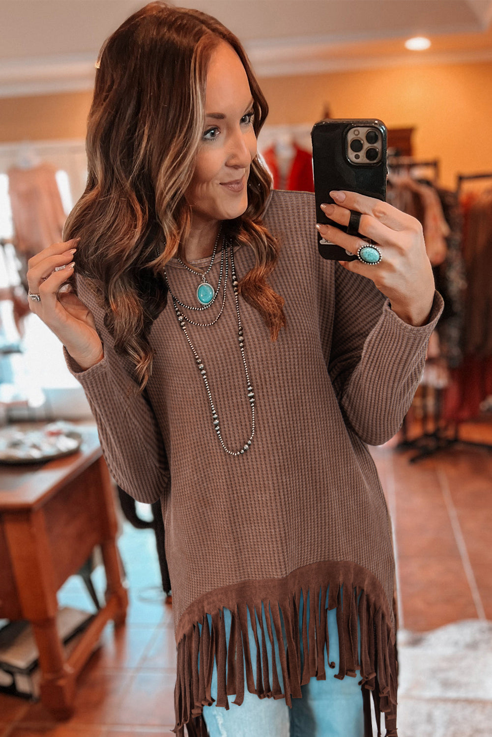 Coffee Waffle Knit Fringed High Low Loose Top Long Sleeve Tops JT's Designer Fashion