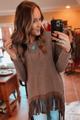 Coffee Waffle Knit Fringed High Low Loose Top Long Sleeve Tops JT's Designer Fashion