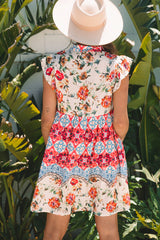 Rose Floral Mixed Pattern Ruffle Flutter Sleeve Buttoned Dress Floral Dresses JT's Designer Fashion