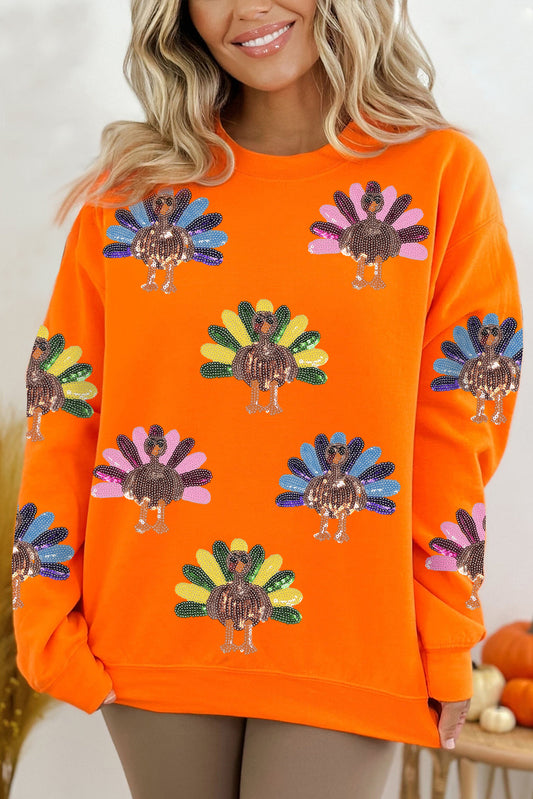 Orange Colorful Turkey Thanksgiving Graphic Sweatshirt Orange 70%Polyester+30%Cotton Graphic Sweatshirts JT's Designer Fashion