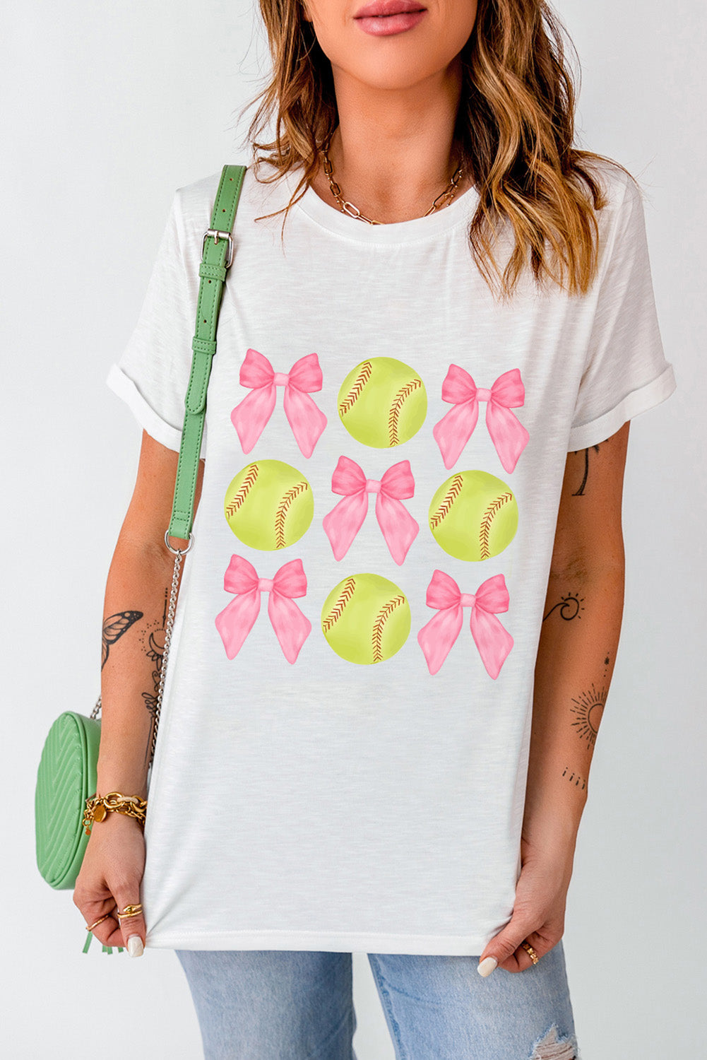 White Bow Tie Baseball Print Round Neck Casual Tee Graphic Tees JT's Designer Fashion