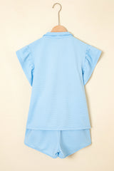Beau Blue Striped Detail Flutter Sleeve Zipped Collar Short Set Short Sets JT's Designer Fashion