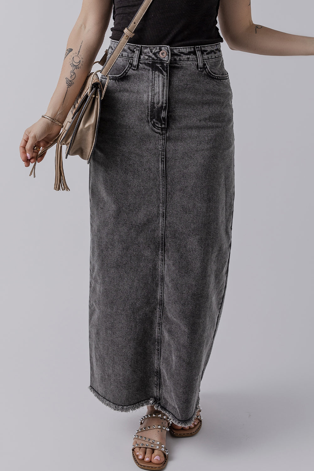 Dark Grey Denim Raw Hem Back Split High Waist Long Skirt Skirts & Petticoat JT's Designer Fashion