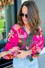 Rose Blooming Flower Print Ruffled Puff Sleeve Blouse Blouses & Shirts JT's Designer Fashion