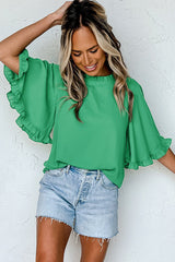 Green Frilly Round Neck Wide Half Sleeve Blouse Blouses & Shirts JT's Designer Fashion