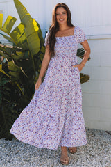 Purple Floral Short Bubble Sleeve Shirred High Waist Long Dress Maxi Dresses JT's Designer Fashion