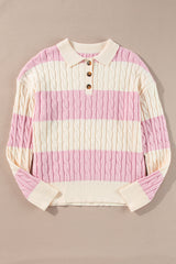 Pink Stripe Cable Knit Collared Henley Sweater Sweaters JT's Designer Fashion