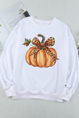 Beige Leopard Bowknot Pumpkin Graphic Crewneck Sweatshirt Graphic Sweatshirts JT's Designer Fashion
