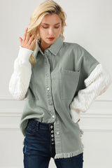 Green Cable Knit Sleeve Raw Hem Shacket Jackets JT's Designer Fashion