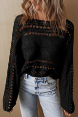 Black Hollow-out Cable Knit Cropped Sweater Black 60%Cotton+40%Acrylic Sweaters JT's Designer Fashion
