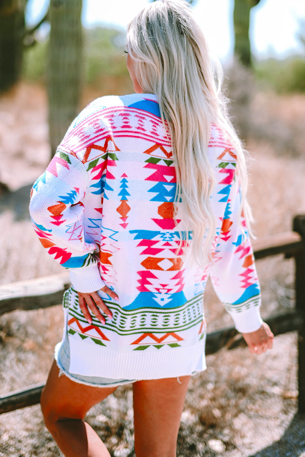 White Oversize Aztec Print High Low V Neck Sweater Sweaters JT's Designer Fashion
