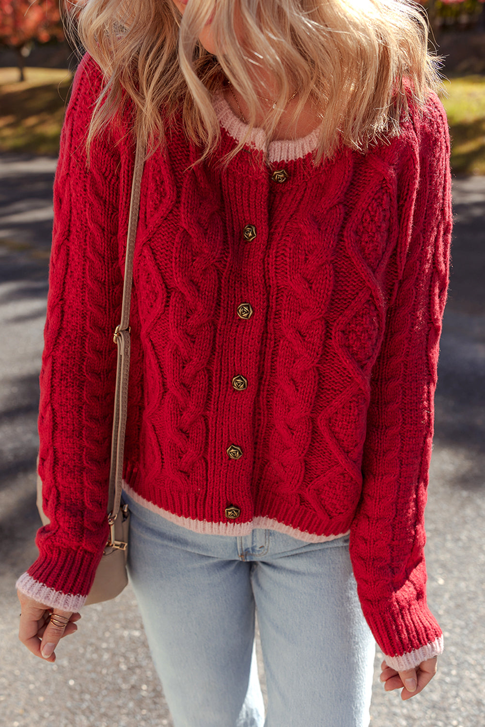 Racing Red Color Contrast Edge Cable Knit Buttoned Cardigan Cardigans JT's Designer Fashion