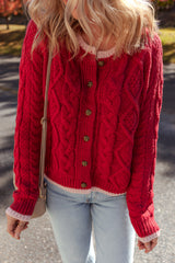 Racing Red Color Contrast Edge Cable Knit Buttoned Cardigan Cardigans JT's Designer Fashion