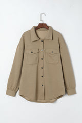 Khaki Solid Textured Flap Pocket Buttoned Shacket Jackets JT's Designer Fashion