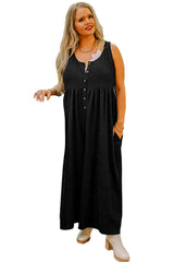Black Plus Size Sleeveless Button Front Loose Jumpsuit Plus Size Bottoms JT's Designer Fashion