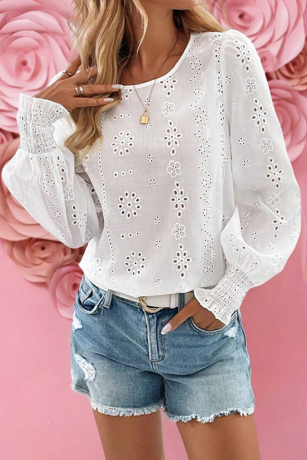 White Eyelet Embroidered Smocked Cuff Sheer Blouse Blouses & Shirts JT's Designer Fashion