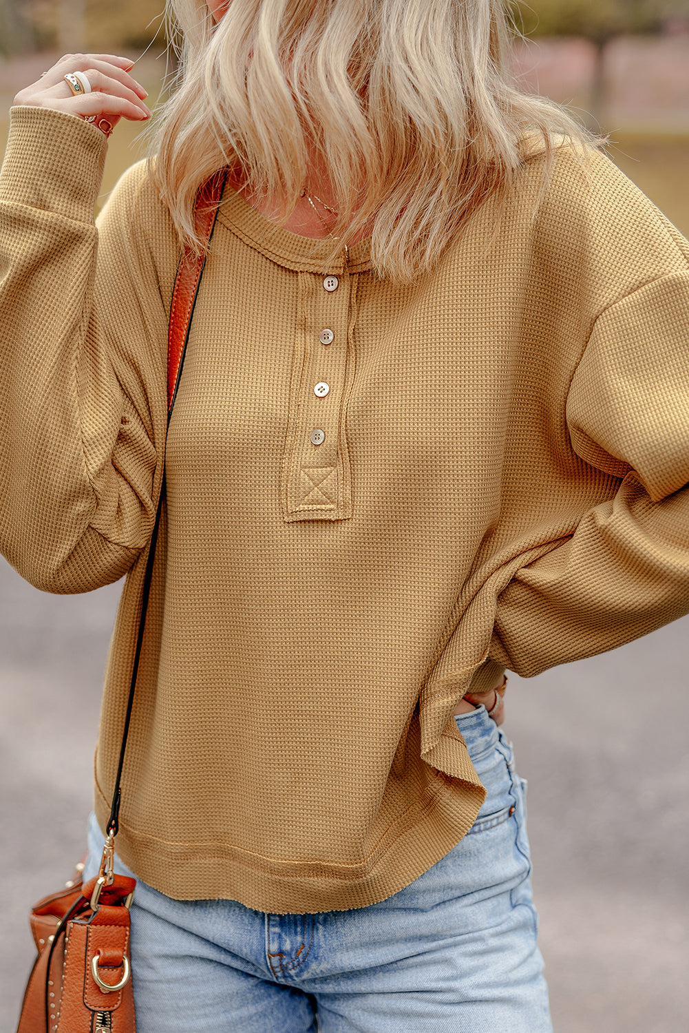 Camel Textured Knit Half Button Drop Shoulder Oversized Top Long Sleeve Tops JT's Designer Fashion