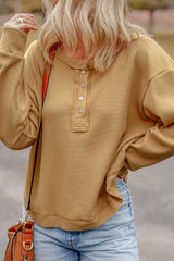 Camel Textured Knit Half Button Drop Shoulder Oversized Top Long Sleeve Tops JT's Designer Fashion