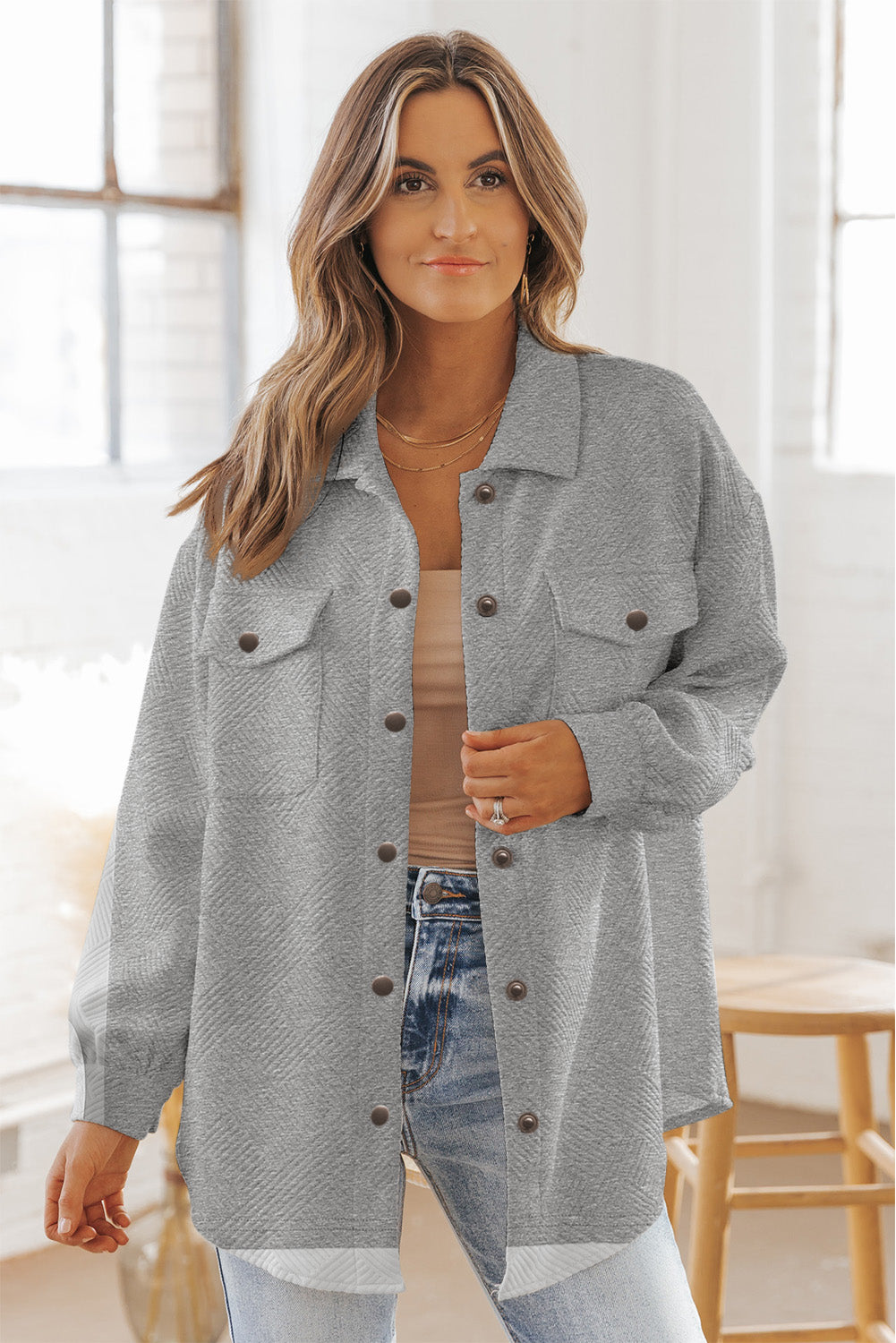 Gray Solid Textured Flap Pocket Buttoned Shacket Jackets JT's Designer Fashion