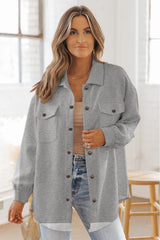Gray Solid Textured Flap Pocket Buttoned Shacket Jackets JT's Designer Fashion