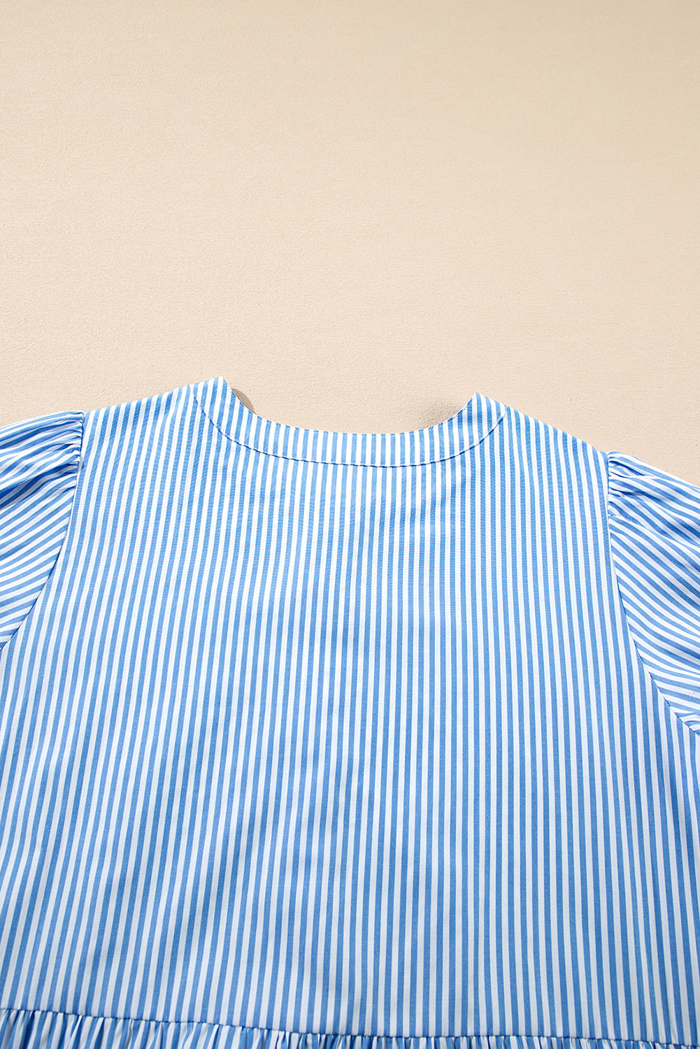 Sky Blue Stripe Bubble Short Sleeve Tiered Scallop Long Dress Maxi Dresses JT's Designer Fashion