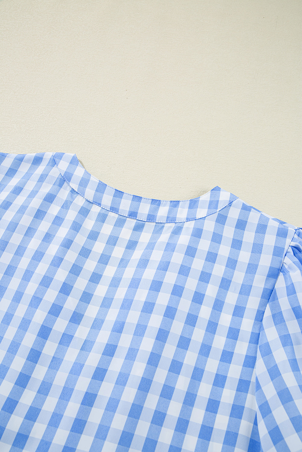 Sky Blue Gingham Short Sleeve Button Tie Split Neck Loose Mini Dress Mini Dresses JT's Designer Fashion