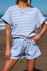 Sky Blue Stripe Knitted Short Sleeve Top and Drawstring Shorts Set Short Sets JT's Designer Fashion