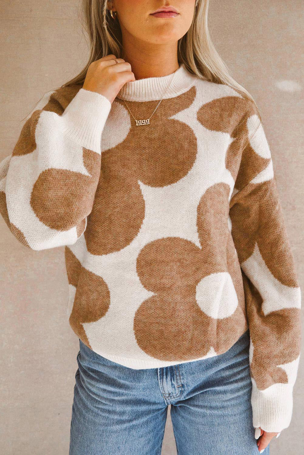 Khaki Big Flower Pattern Drop Shoulder Sweater Sweaters JT's Designer Fashion