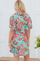 Green Abstract Print Lace-up High Waist Buttoned Mini Dress Mini Dresses JT's Designer Fashion