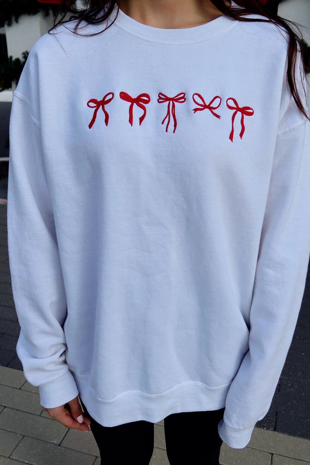 White Diverse Bow Embroidery Drop Shoulder Sweatshirt Graphic Sweatshirts JT's Designer Fashion
