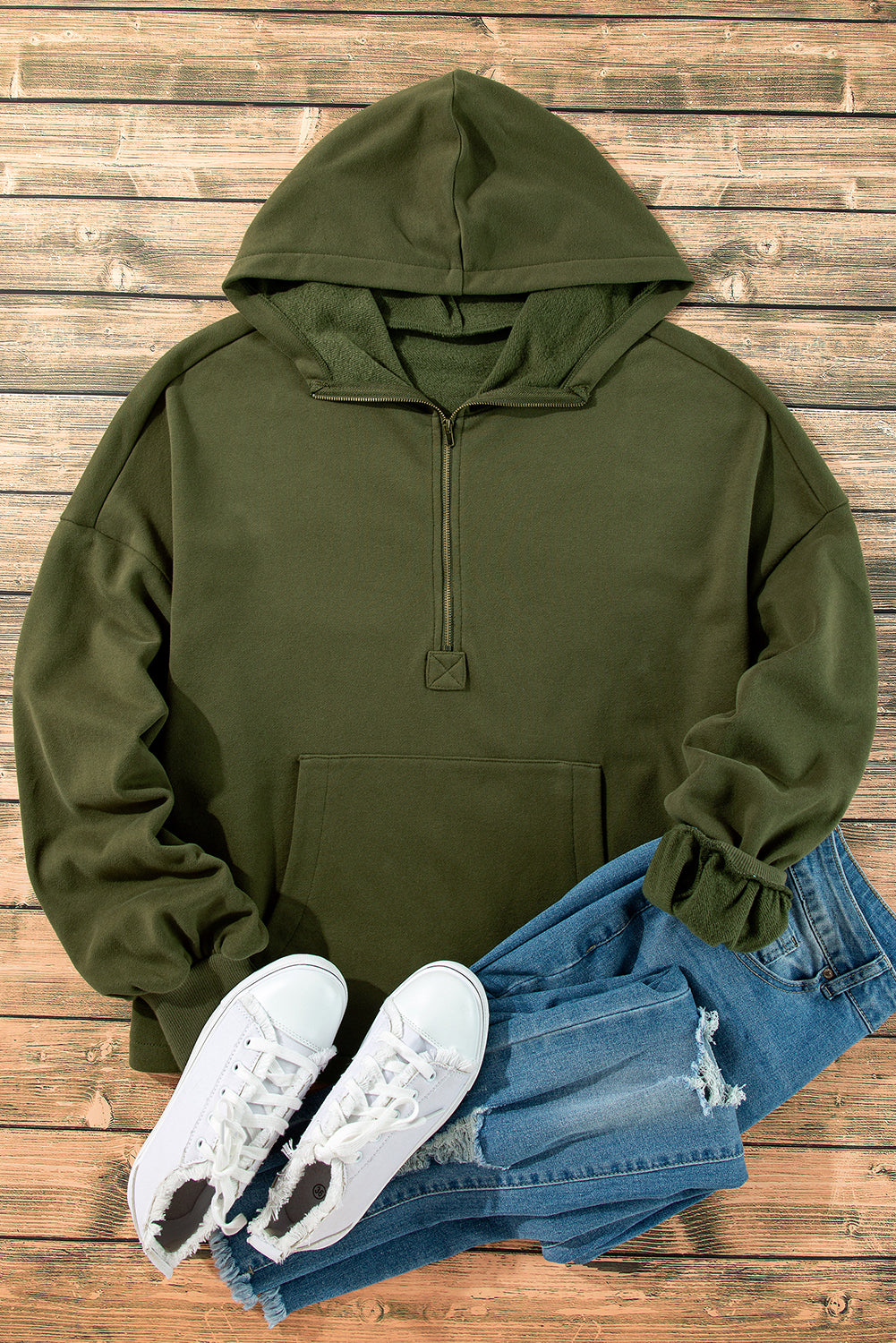 Moss Green Fleece Lined Half Zipper Kangaroo Pockets Loose Hoodie Sweatshirts & Hoodies JT's Designer Fashion