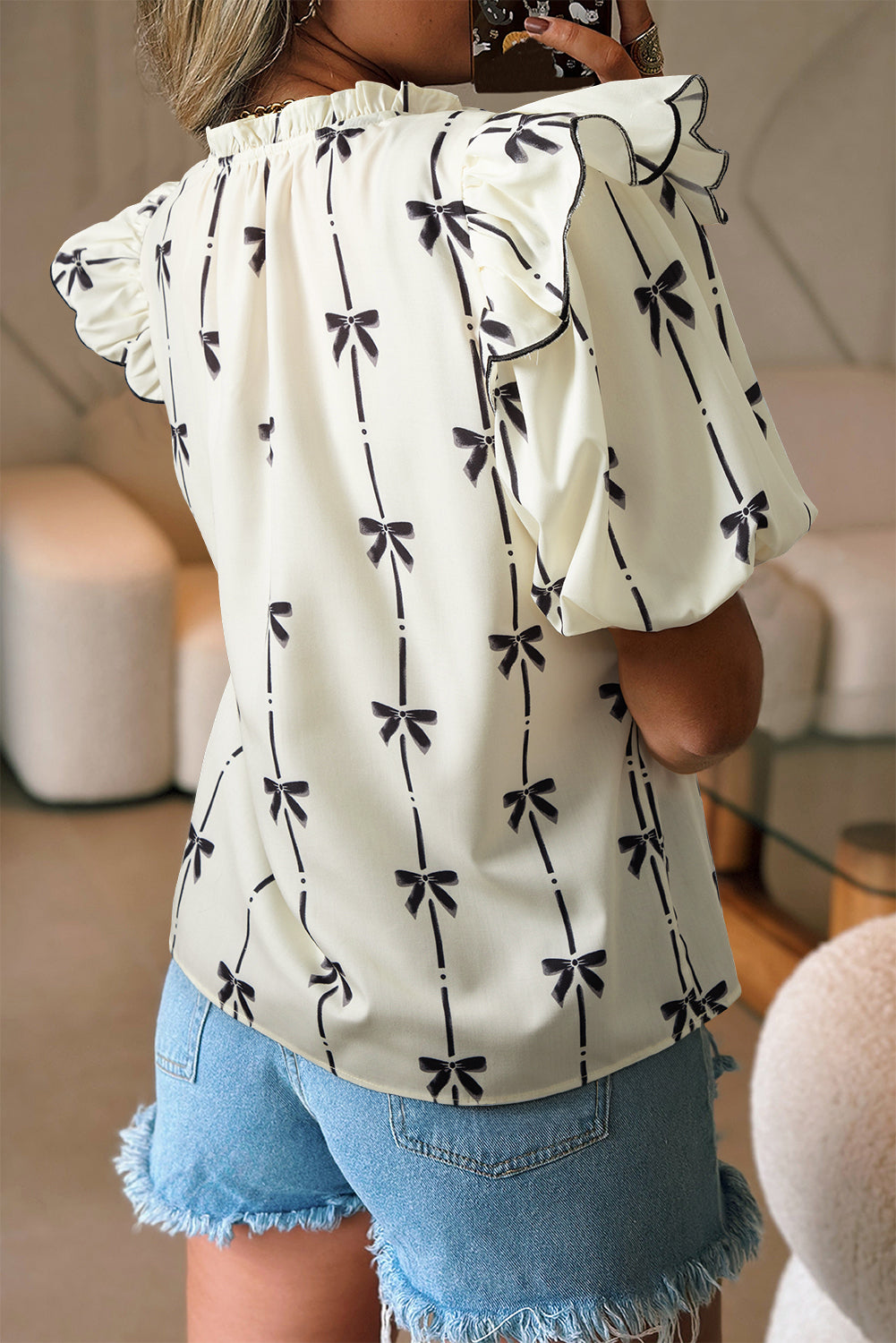 Beige Bow Printed Ruffled Bubble Sleeve Tied Notched V Neck Blouse Blouses & Shirts JT's Designer Fashion