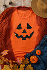 Orange Glittering Pumpkin Face Graphic Crewneck T Shirt Graphic Tees JT's Designer Fashion