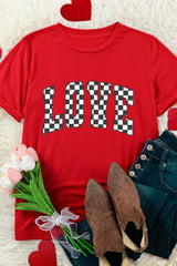 Red Checkered LOVE Letter Graphic Valentines T Shirt Graphic Tees JT's Designer Fashion