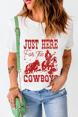White JUST HERE For THE COWBOY Cuffed Sleeve Crew Neck T Shirt Graphic Tees JT's Designer Fashion