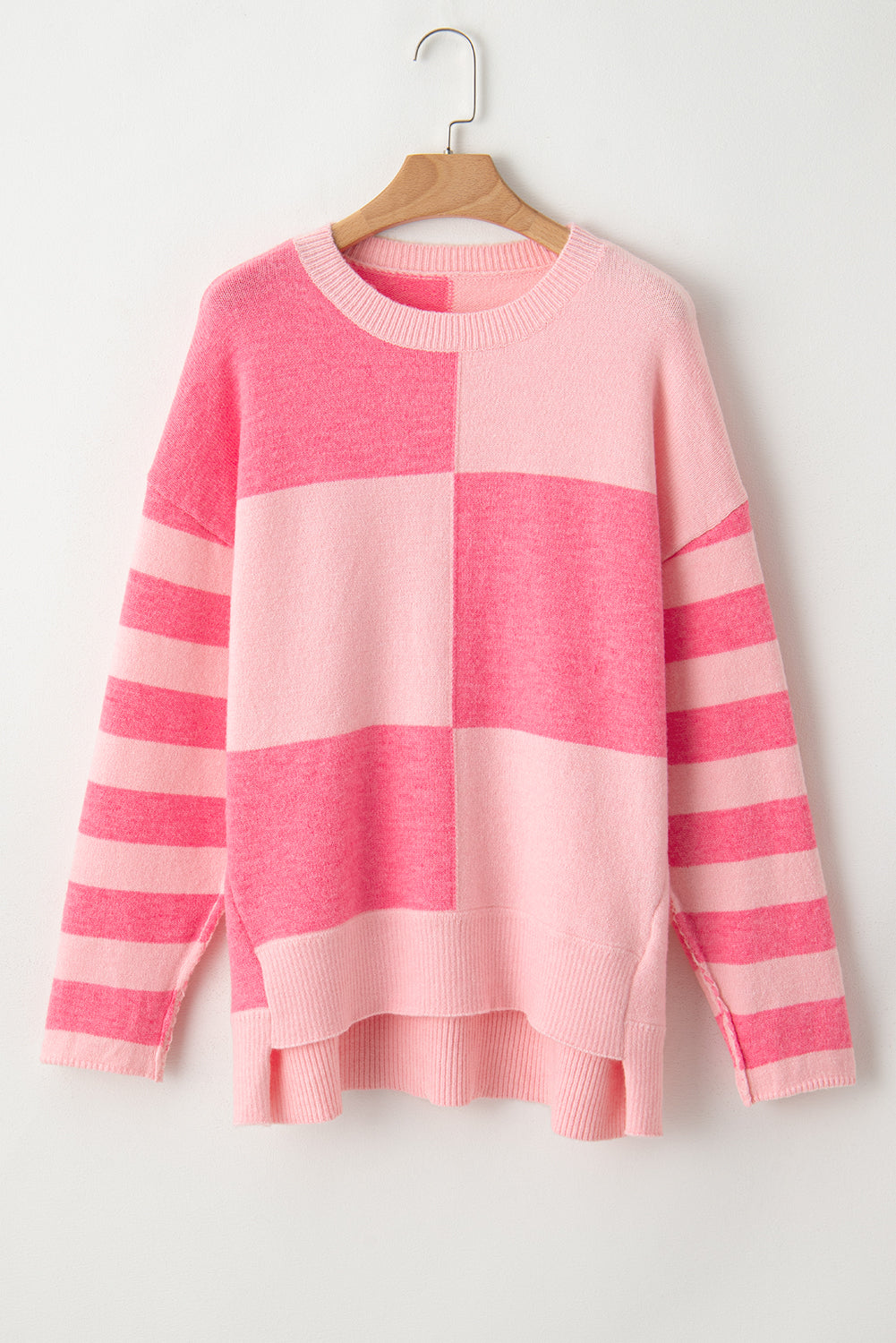 Pink Checkered Colorblock Striped High Low Loose Sweater Sweaters JT's Designer Fashion