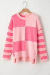 Pink Checkered Colorblock Striped High Low Loose Sweater Sweaters JT's Designer Fashion