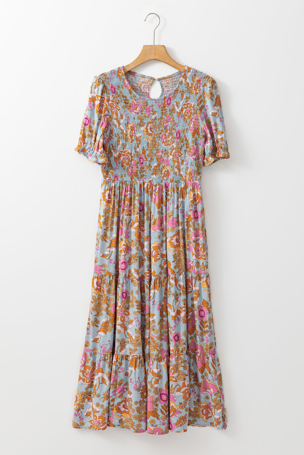 Sky Blue Floral Bubble Sleeve Smocked Flowy Ruffle Dress Floral Dresses JT's Designer Fashion