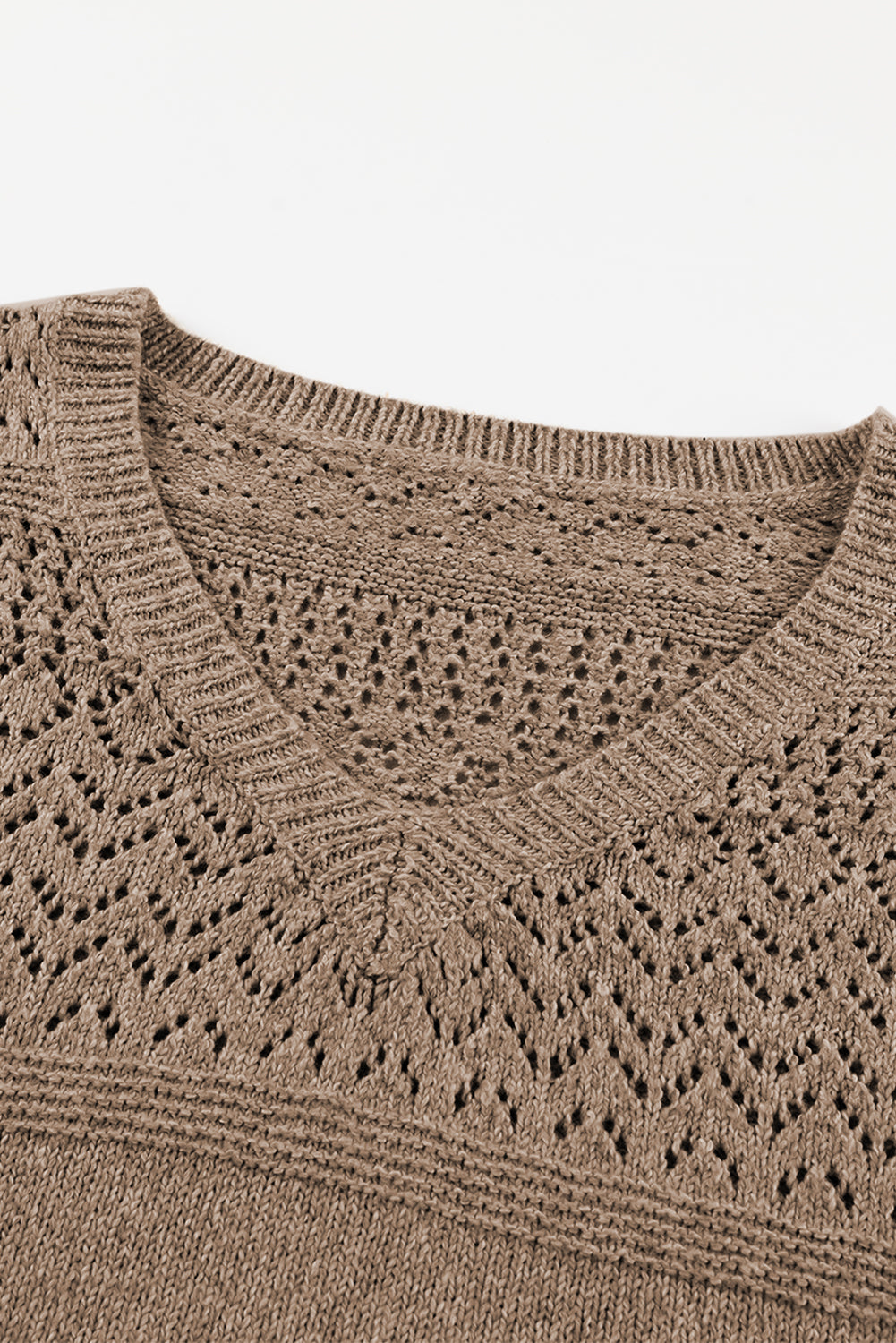 Camel Eyelet Pattern Detail V Neck Drop Shoulder Sweater Sweaters JT's Designer Fashion