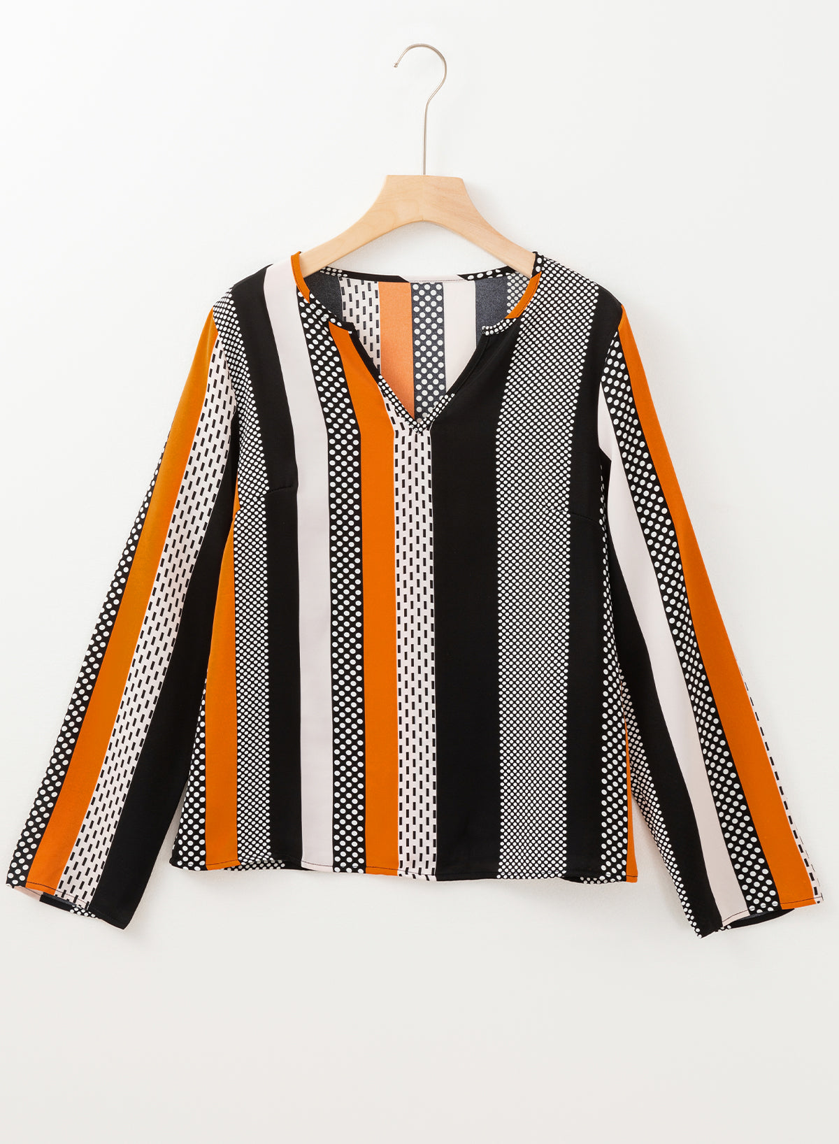 Orange Geo Print Colorblock Notched V Neck Blouse Blouses & Shirts JT's Designer Fashion