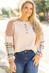 Parchment Plus Size Plaid Patchwork Layered Henley Top Plus Size Long Sleeve Tops JT's Designer Fashion