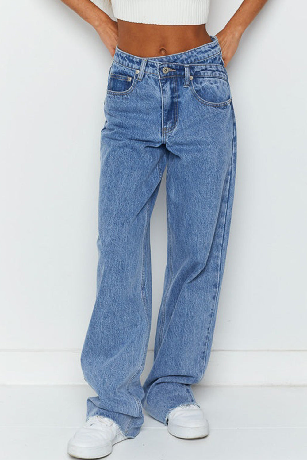 Blue Mid Rise Asymmetrical Waist Wide Leg Jeans Jeans JT's Designer Fashion