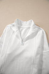 White Zipped Neck Pullover Drop Shoulder Sweatshirt Sweatshirts & Hoodies JT's Designer Fashion