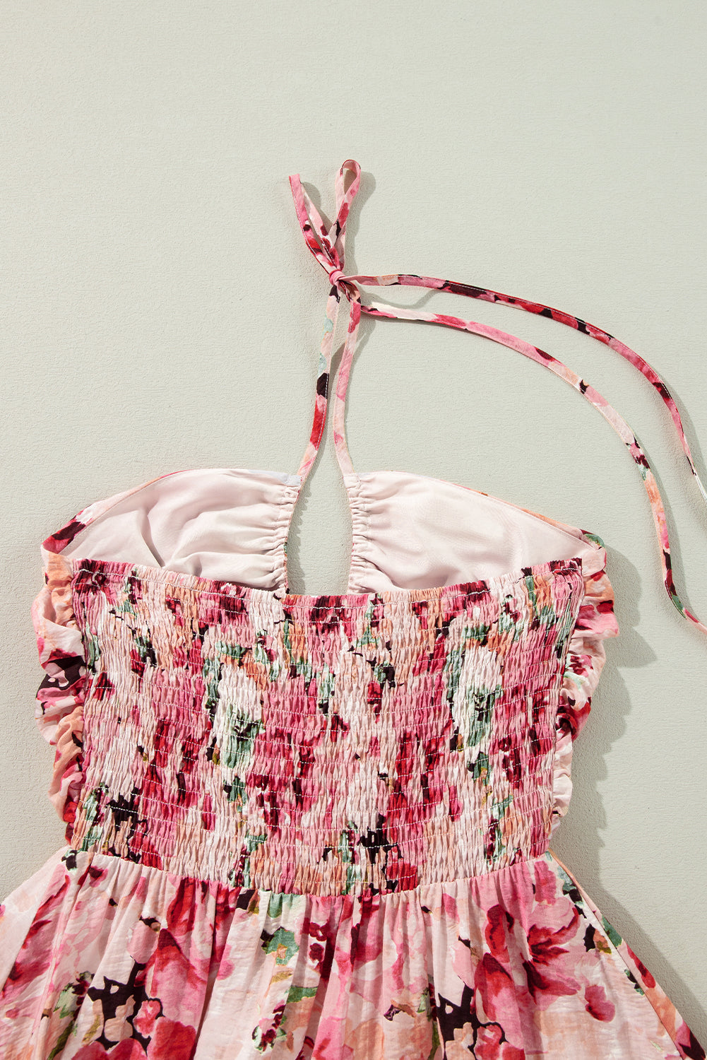 Pink Floral Sleeveless Halter Neck Shirred Back Ruffled Mini Dress Floral Dresses JT's Designer Fashion