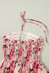 Pink Floral Sleeveless Halter Neck Shirred Back Ruffled Mini Dress Floral Dresses JT's Designer Fashion