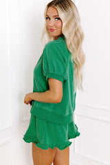 Sea Green Half Zip Puff Sleeve Top and Ruffled Shorts Set Short Sets JT's Designer Fashion