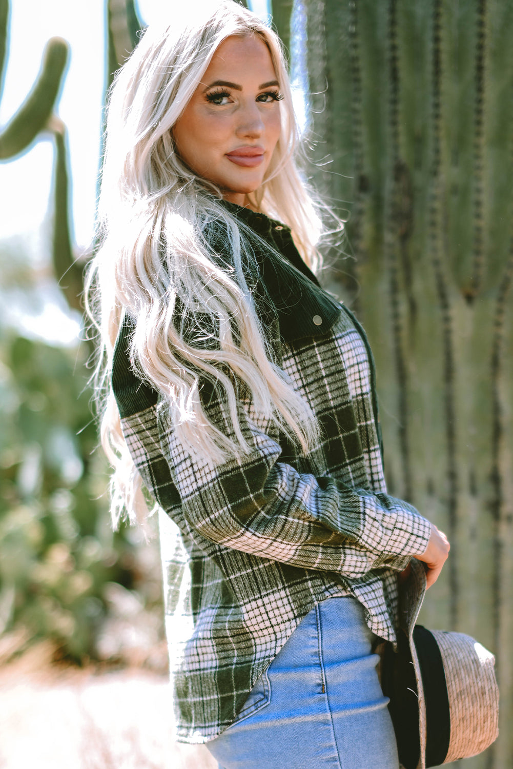 Blackish Green Snap Buttons Colorblock Plaid Shacket Plaid Shackets JT's Designer Fashion