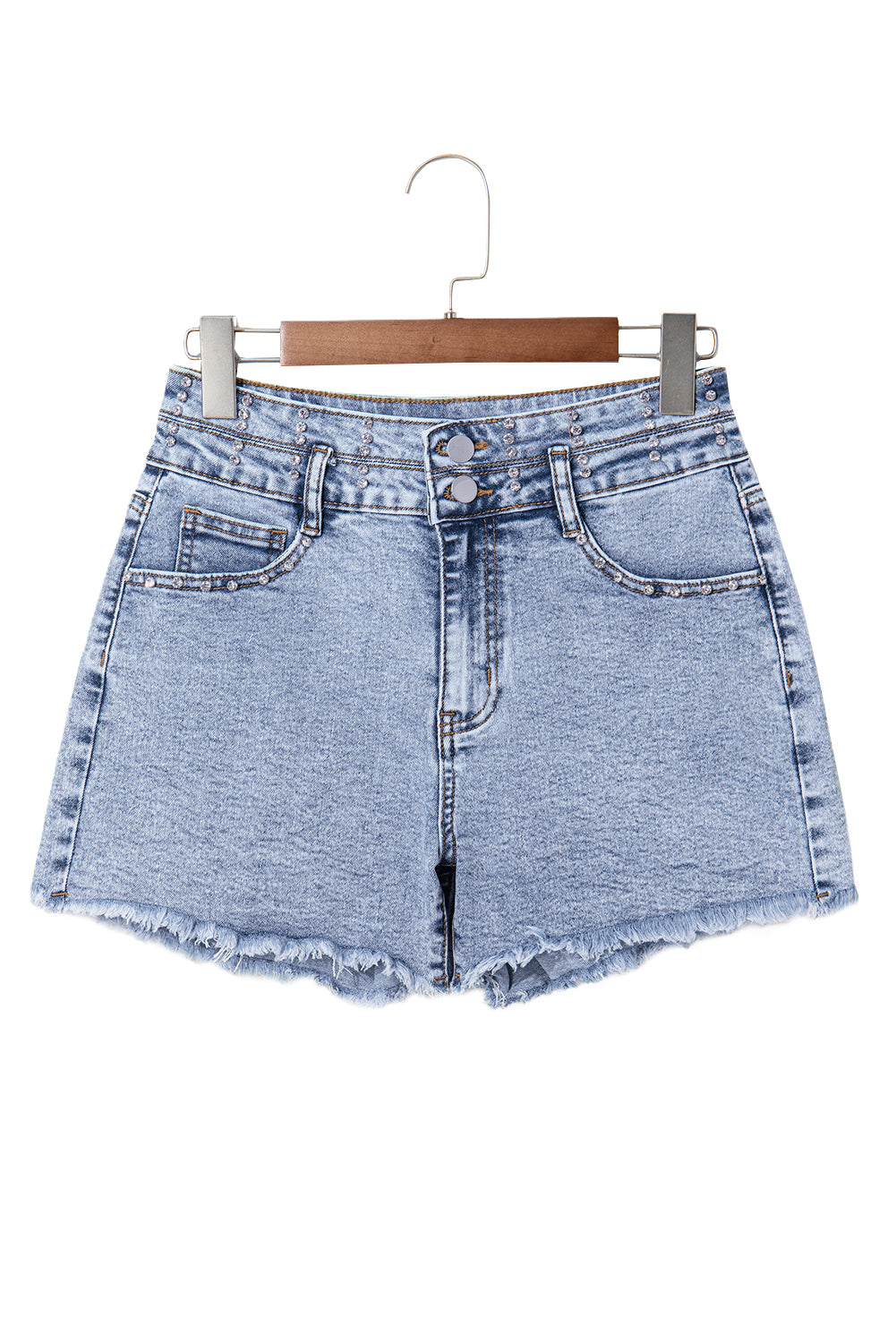 Beau Blue Rhinestone Light Wash Raw Hem High Waist Denim Shorts Denim Shorts JT's Designer Fashion